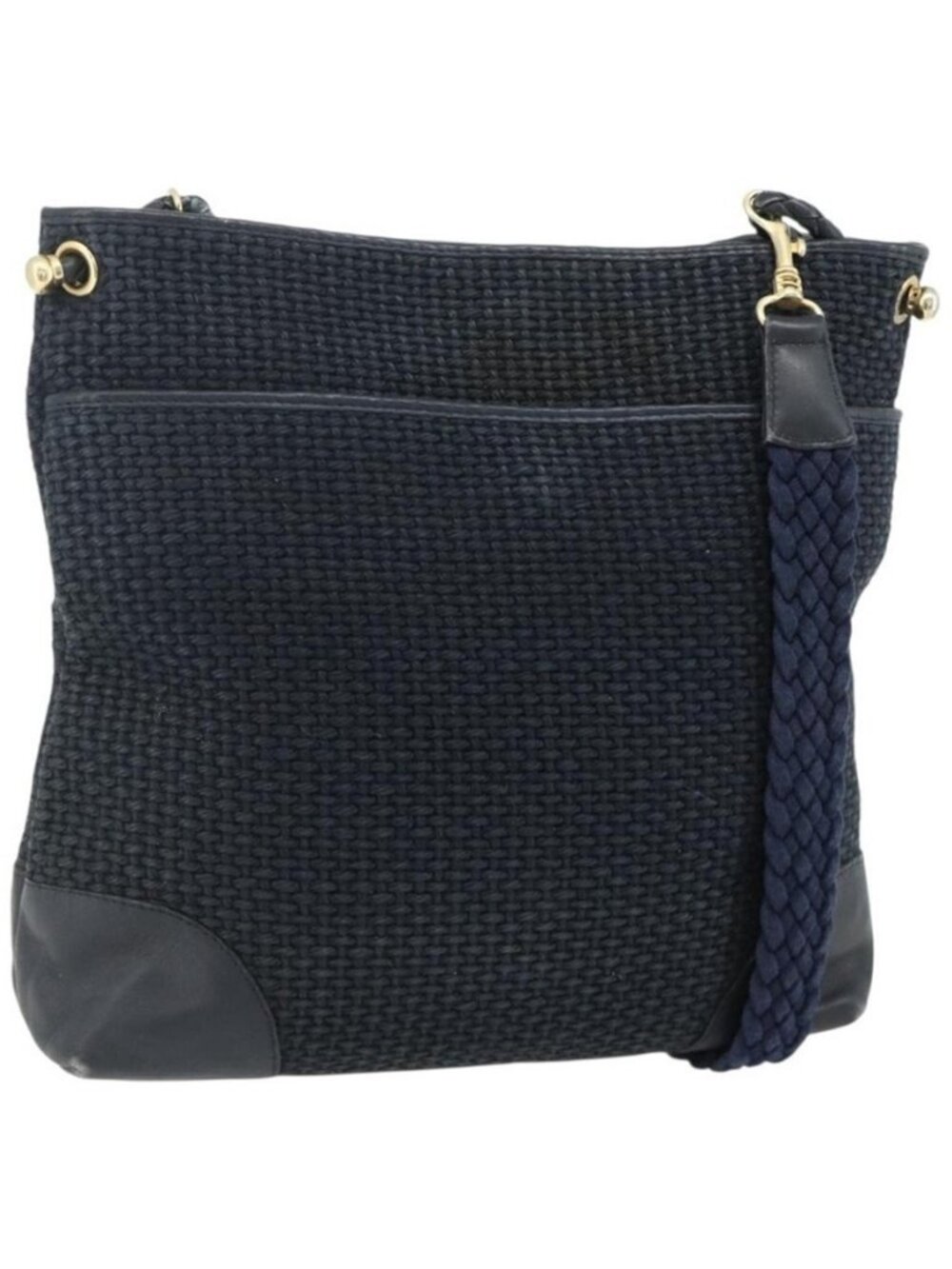 Authentic BOTTEGA VENETA Shoulder Bag straw Navy Gold